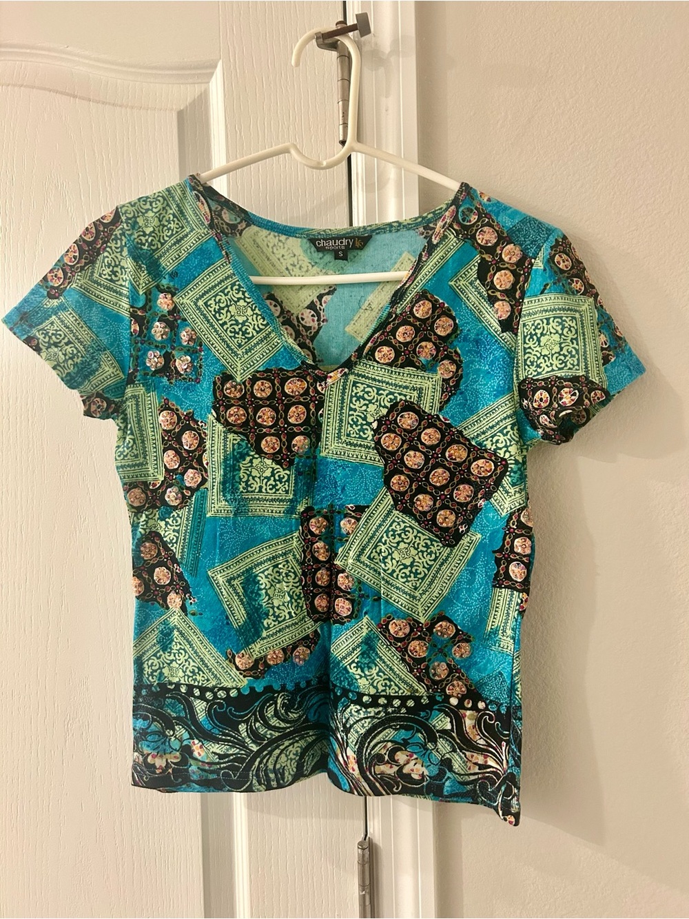 Chaudry Turquoise Patchwork V-Neck Short Sleeve Top